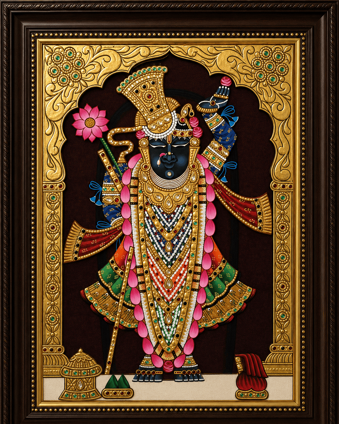 Shrinathji Tanjore Painting with Gold Foil, Lotus and Maroon Backdrop — Handmade by Nathdwara Artisans